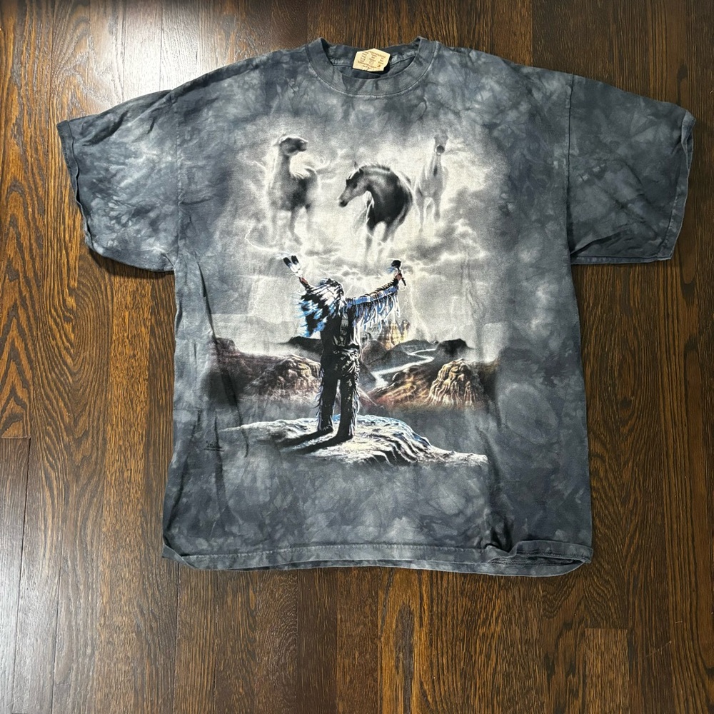 The Mountain Native American Medicine Man Tie Dye Black Gray XL T-Shirt Horses